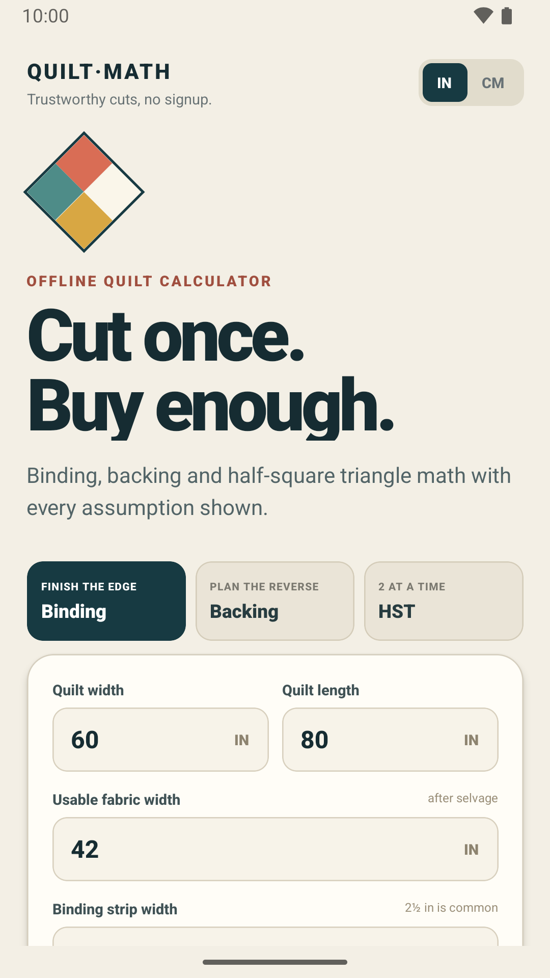 QuiltMath binding calculator screenshot