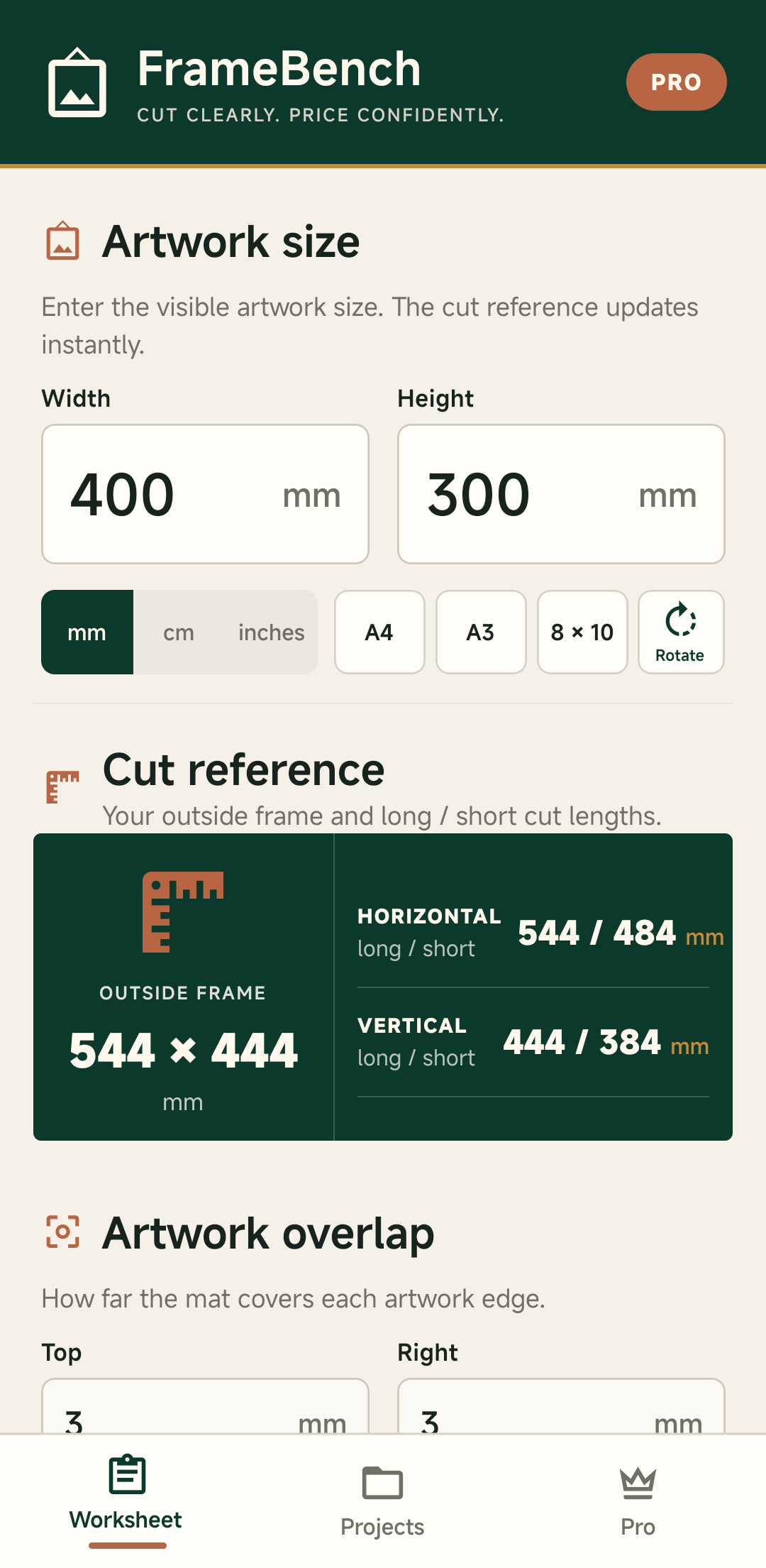 FrameBench cut worksheet with mat, rabbet and outside frame dimensions