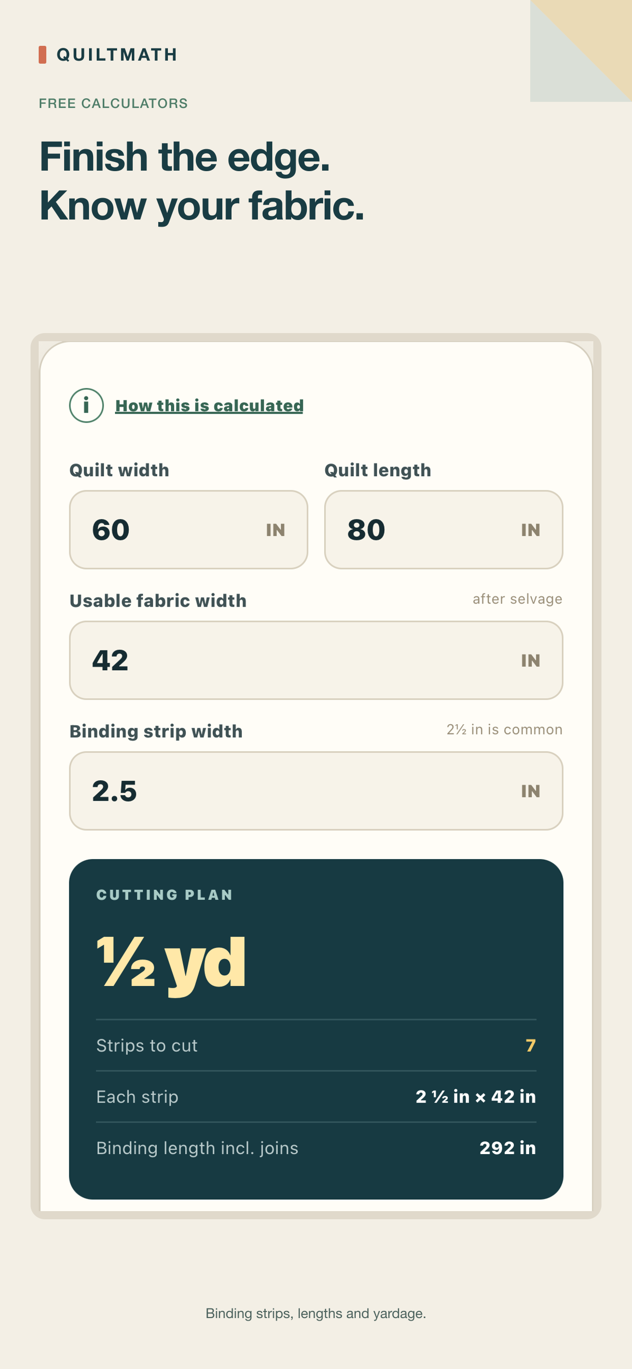 QuiltMath on iPhone: free Binding calculator with fabric estimates and a visual cutting guide